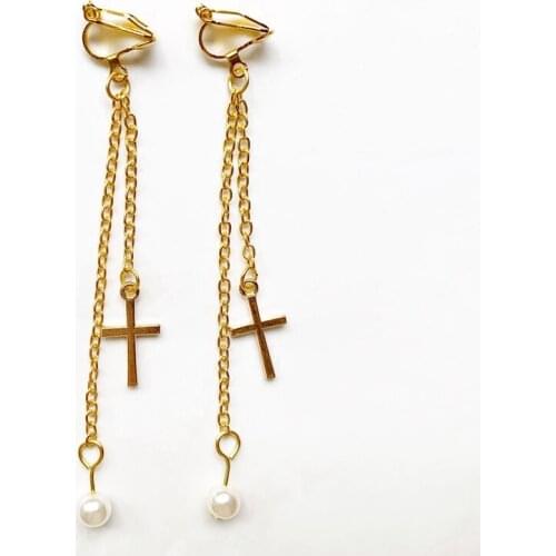 Golden Pendant Cross Earrings Clip On Earings for Women without Piercing Simulated Pearl No Ear Hole Earrings Girl Women