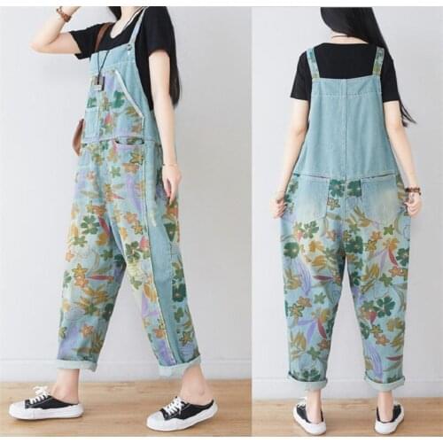 2020 Spring And Summer Womens Jumpsuit Painted Printing Stitching Raw Edges Loose Large Size Casual Denim Overalls Jeans KN031