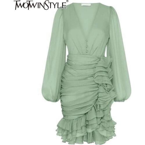 TWOTWINSTYLE Elegant Asymmteircal Dress Women V Neck Lantern Long Sleeve High Waist Patchwork Ruched Ruffles Dresses Female 2021