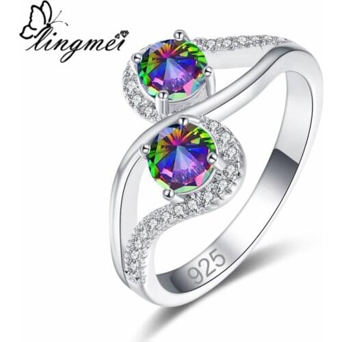 Lingmei New Hot Sell Fashion Multi & Red White Cubic Zirconia Silver Color Ring Size 6-9 Luxury Elegant Women Party Jewelry