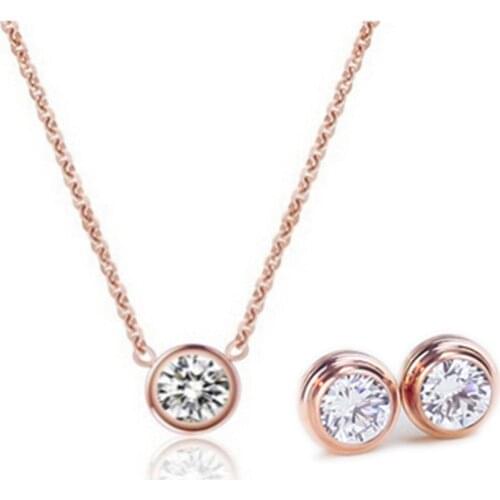 Womens Rose Gold Color Stainless Steel Zircon Crystal Jewelry Sets Chain Necklace+Earrings T003