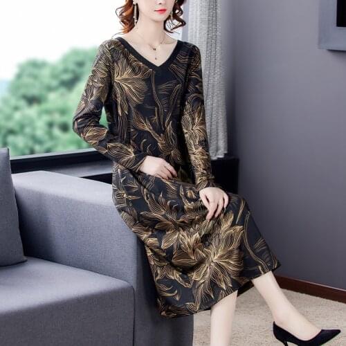 2021 Spring Autumn Black Floral V-Neck Midi Dress Casual Vintage 5XL Plus Size Long Sleeve Dresses Women Elegant Loose Vestidos