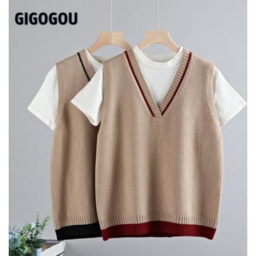 GIGOGOU Striped Knitted Sweater Vest Women 2021 Spring Pullover Vintage Sleeveless V-Neck Korean Female Waistcoat Sweater Tops
