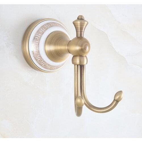 1Pcs Antique Brass Ceramic Base Pattern Wall Mounted Double Robe Hooks Coat Hat Towel Hook Hanger Bathroom Accessory aba576