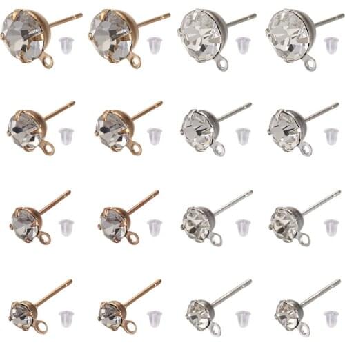 160pcs/Box Alloy Crystal Rhinestone Stud Earring Finding with Loop and Ear Nuts, Half Round, Mixed Color, DIY Jewelry Accessorie