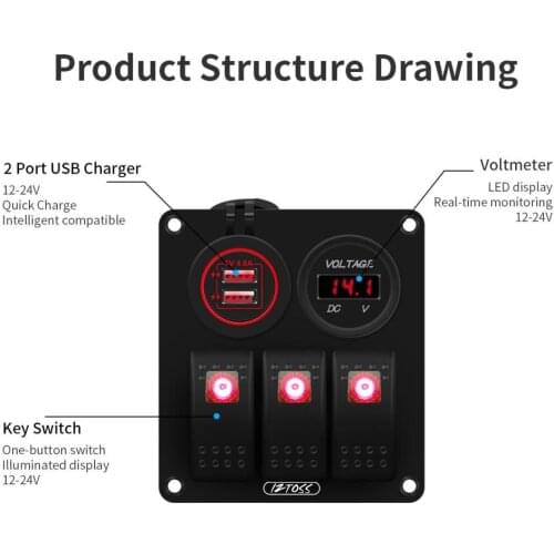 3 Gang Switch Panel On-off with 12V-24V Voltmeter 4.8A Dual USB Charger