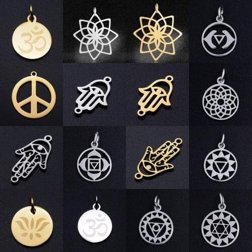 5pcs/lot 7 Chakra DIY Charms Wholesale 100% Stainless Steel Yoga Lotus Connectors Charm Hamsa Hand Om Jewelry Necklace Pendant