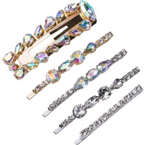 5PCS Luxury Cool Color Crystal Rhinestone Hairpins Women Metal Geometric Round Rectangle Set Hair Clips Hair Jewelry Accessories