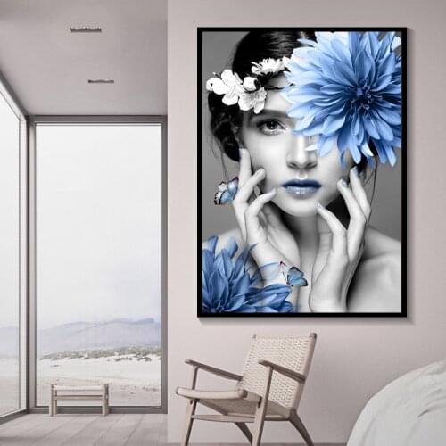 Nordic Blue Flowers Beauty Woman Abstract Canvas Painting Wall Art Modern Print Poster Wall Pictures For Living Room Decortion