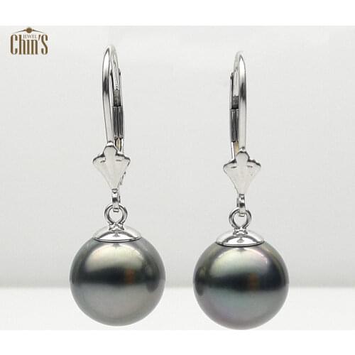 Free Shipping 10-10.5MM Natural Black Real Tahitian Pearl Drop Earrings Dangle 14K White Gold #0207