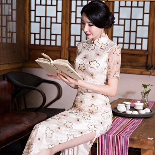 New Design Summer Vintage Silk Long Cheongsam Dress Chinese Oriental Dress Long Chinese Qipao
