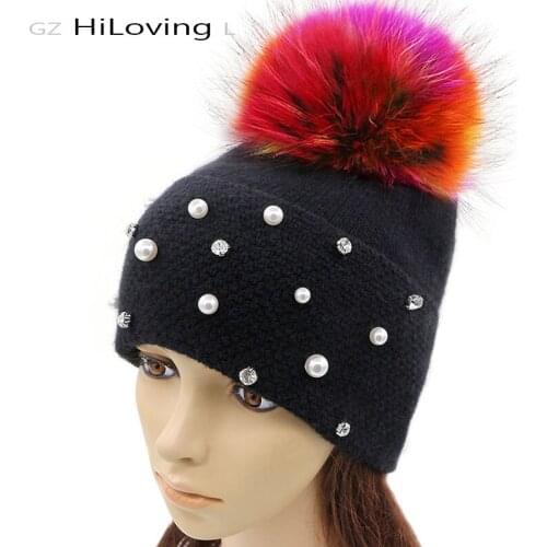 GZHilovingL New Autumn Winter Wool Knitted Beanies Cap Women Diamonds Preals Beanie With Real Fur Pompom Beanies Hat Girls Hat
