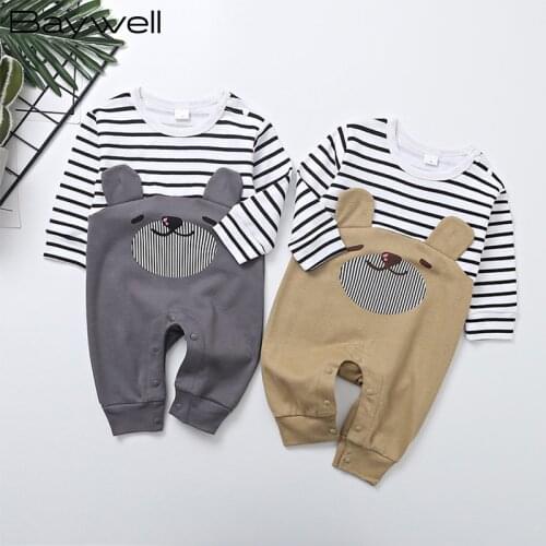 Baywell Autumn Newborn Baby Cute Cartoon Bear Print Romper Cotton Infant Boys Girls Long Sleeve Striped Sewing Jumpsuit