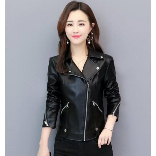 M-4XL Women Motobike Leather Jacket Spring Autumn 2021 Fashion Zipper Slim Tops Red Short Coat Black Leather Outerwear Female