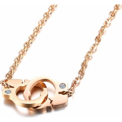 Fashion Stainless Steel Rose Gold Color Handcuffs Pendants Necklaces For Women Jewelry Femme Shiny Rhinestones Necklaces Ladies