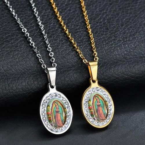 High Quality Stainless Steel Virgin Mary Pendant Necklaces Cubic Zircon Madonna Women Necklace Catholic Christian Gift