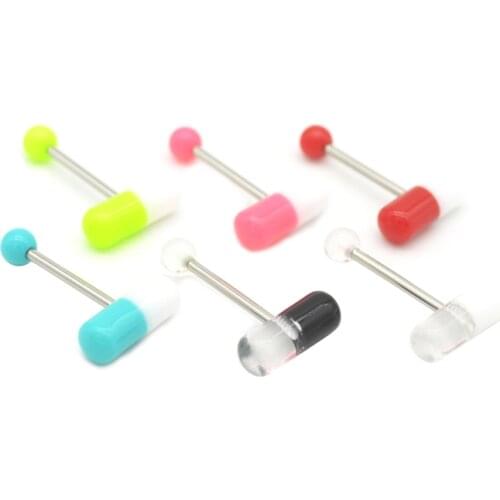 Straight Barbell Capsule Tongue Rings Acrylic Pill Piercing Jewelry Surgical Steel Bars 14G Wholesalee