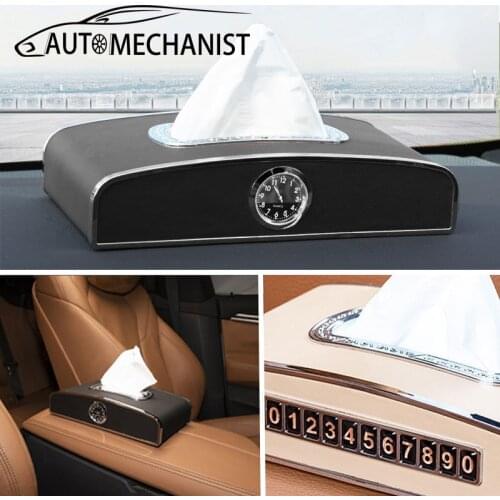 Luxury Tissue Box for Car Napkin Holder Case Auto Storage Handkerchief Boxes With Clock and Temporary Parking Card Car Accessori