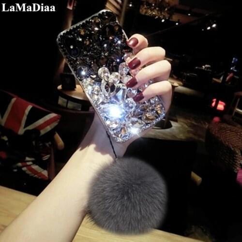 Phone Case For Samsung GalaxyJ3 J5 J4 J6 J7 J8 2018 A6 A8 A7 A5 A3 A50 A70 A80 Bling rhinestone strap fur ball phone case cover