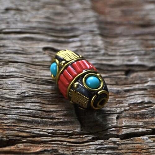 TZ009 Nepal Bead Handmade Tibetan Style Brass with Synthetic Coral and Coeruleolactite DIY Bracelet Beads For Jewelry Making