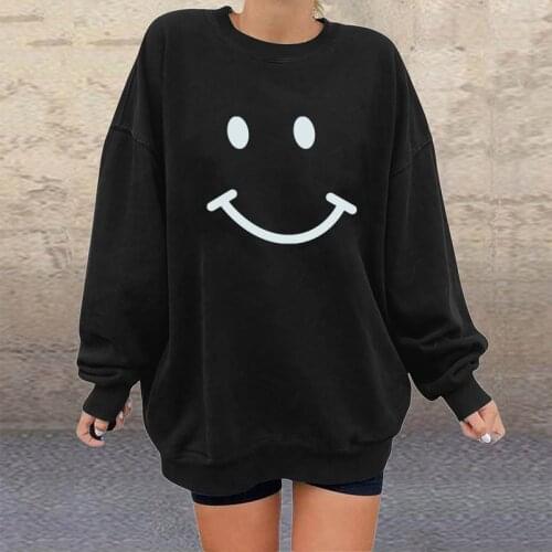 Funny Smiley Print Sweatshirt Women Autumn Winter Oversized American Style Sweatshirts Drop-shoulder Long Sleeve Tops Clothes