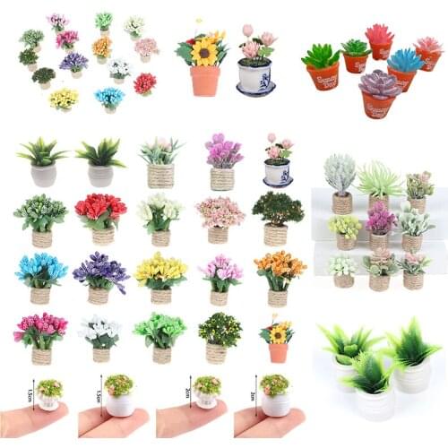 1:12 1:6 Scale Simulation Green Plant & Pot Dolls House Resin Miniature Garden Flower Bush Doll House Furniture Home Decoration