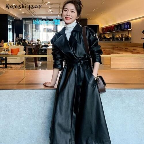 High Quality Long Faux Leather Jacket For Women With Sashes Autumn 2021 Casual Fashion Long Sleeve Black Biker Leather Outwear