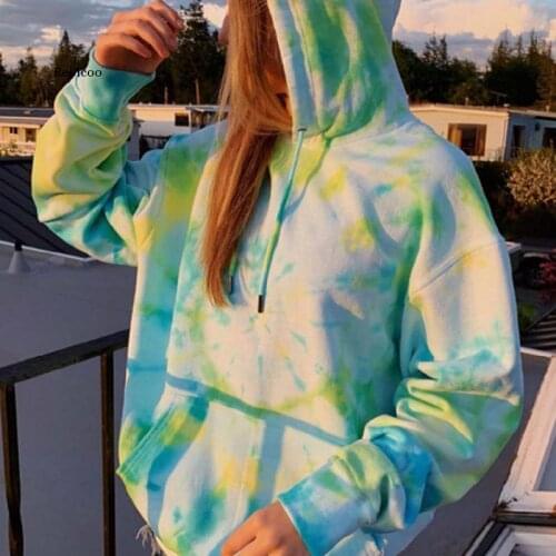 Hooded Tie-Dye Print Autumn Womens Hoodies Long Sleeve Drawstring Pockets Female Sweatshirts 2021 New Streetwear Ladies Hoodie