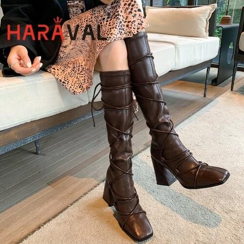 HARAVAL Women Boots Shoes High Heels Solid Motorcycle Boots Black Brown Cross-Tied Stretch Fabric Square Toe Solid Adult E358L