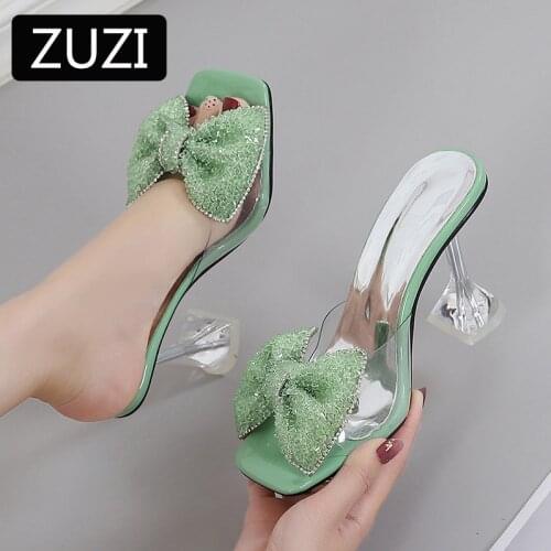 ZUZI Slippers Female Summer 2021 New Fashion Fish Mouth Shoes Square Glass Glue Rhinestones Drag Stiletto High Heels Sandals