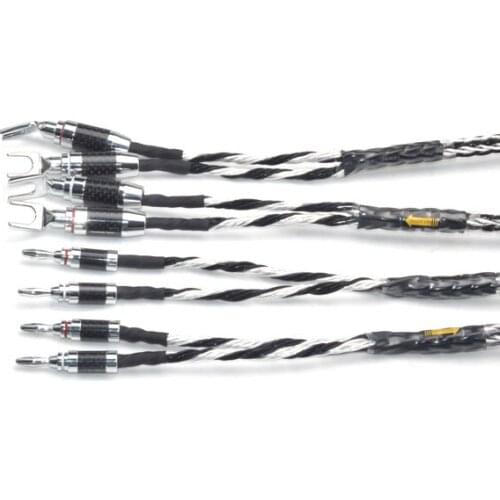 1 Pair Hifi Speaker Cable Copper and silver shuffling Speaker Wire with Carbon Fiber Banana Jacks to Spade Y Plugs