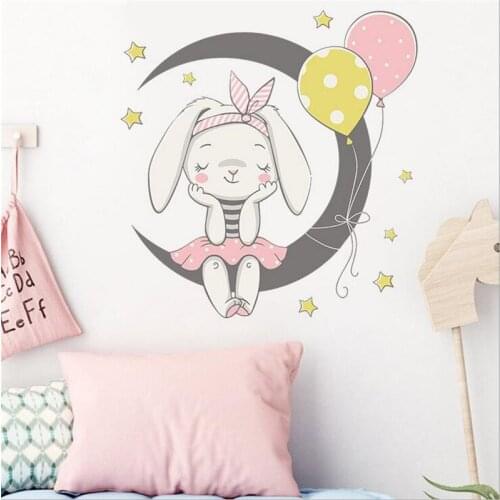 1Pcs Cartoon Moon Bunny Wall Stickers Kids Girls Room Home Decor Wallpaper BedroomLiving Room Background Beautify Decoration