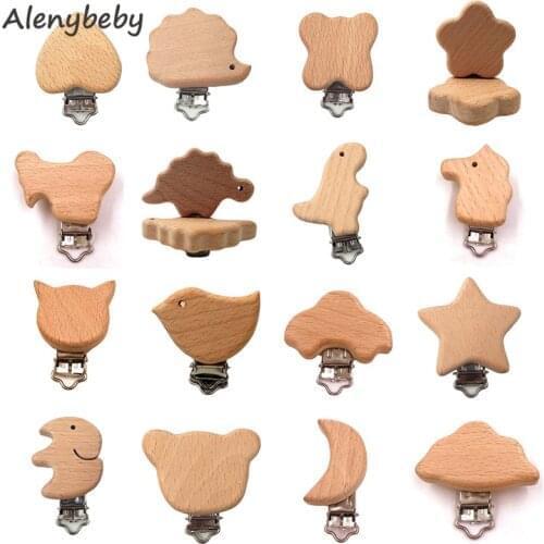 10pc Beech Wood Baby Pacifier Clips Wooden Animal Pacifier Holder Natural Wood Dummy Clips DIY Pacifier Chain Accessory BPA FREE