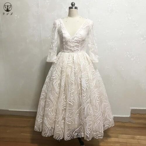 2020 Arabain Design V Neck Bling Bling Glitter Fabric Three Quarter Long Sleeve Tea Length Ball Gown Prom Dresses