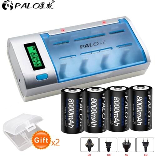 4-8pcs D size rechargeable battery 1.2V 8000mAh NI-MH + intelligent fast LCD display charger for AA AAA C D 9V 6F22 battery