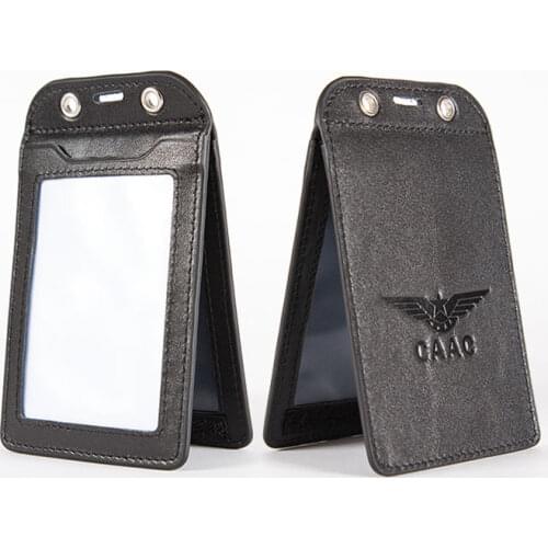 Genuine Leather ID Card Case Boarding Pass Card Hoder, Double Layer for 3 cards,with Metal Buckle, for Office Pilot Flight Crew