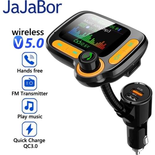 JaJaBor FM Transmitter Bluetooth 5.0 Car Kit Handsfree with 1.77 Inch Color Screen AUX Audio Music Receiver QC 3.0 USB Charger
