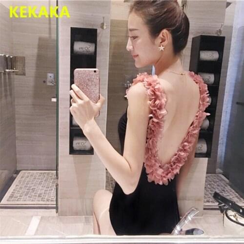 KEKAKA Korea 3D Pink Floral One Piece Swimsuit 2020 Gorgeous 3D Flower Push Up Backless Bathing Suit Swimwear Women Black Red