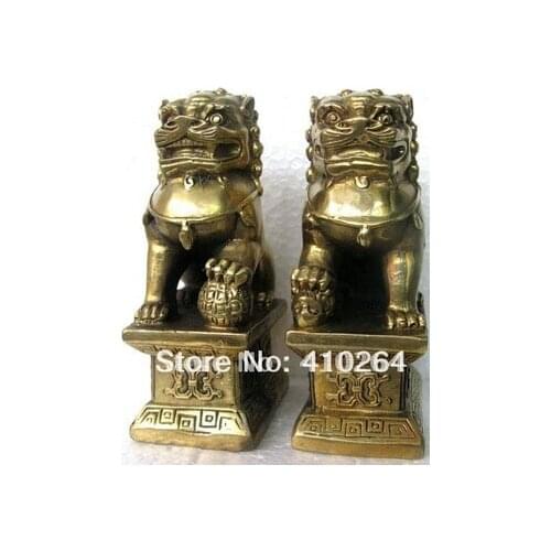Chinese Foo Dog Lion Fu Bronze Statue Pair Figurines Feng Shui Items Oriental sz:11x6x8.3cm