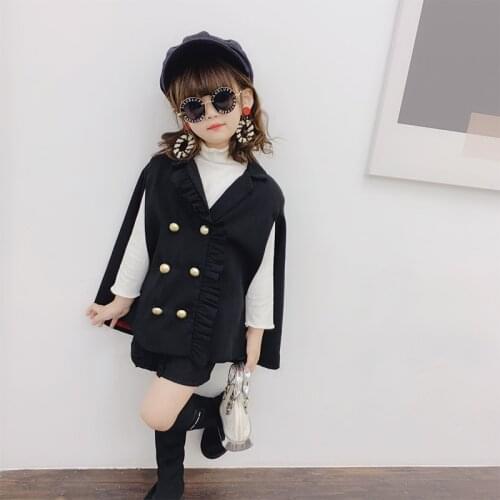 Spring Autumn girls 2 pcs set baby cape + shorts kids brand suit children clothes fashion sleeveless double breasted 3 to 9 yrs
