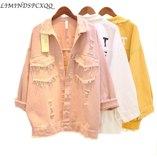Bomber jacket Letter Print Boyfriend Jeans Jacket for Women Girl Candy Color Denim Jacket Lady Coat Loose Hole Chaqueta Mujer