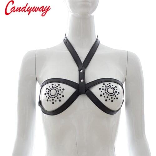 Confbine two items Halter Design Hot Sexy Female Leather Bra Underwear rivet Distinctive Unique Paste Breast Bra Sequin Adhesive