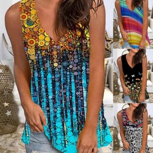 Summer Womens V-neck Casual Printed Tank Tops Pullover Loose Sleeveless Vest