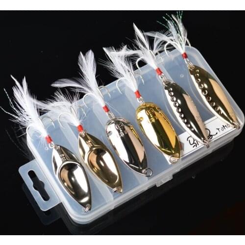 Fishing Spoon Lures Set 6pcs/set Metal Gold Silver with Feather Treble Hook Fishing Trout Hard Lure Artificial Bait 10g 13g 15g