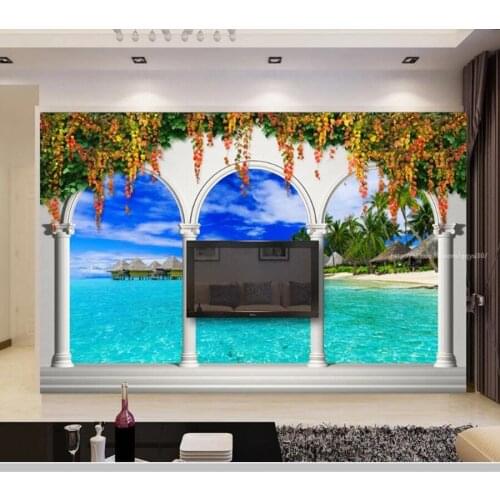 Papel de parede Roman column arch island beach seascape 3d mural wallpaper,living room tv wall bedroom wall papers home decor
