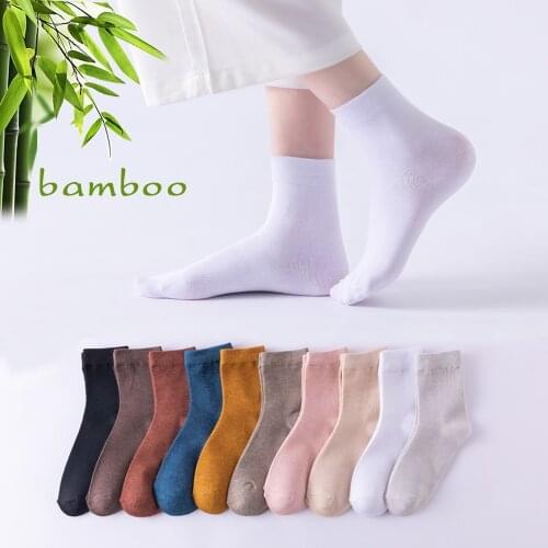 5 Pairs High Quality Bamboo Fiber Socks Womens Fashion Harajuku Japanese Candy Color Casual Middle Tube Socks Black White Sox