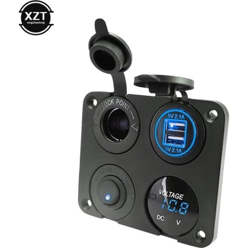 New Dual USB Ports Car Charger + LED Voltmeter + 12-24V Power Socket + On-Off Switch 4 in 1 Car Marine Boat LED Switch Panel