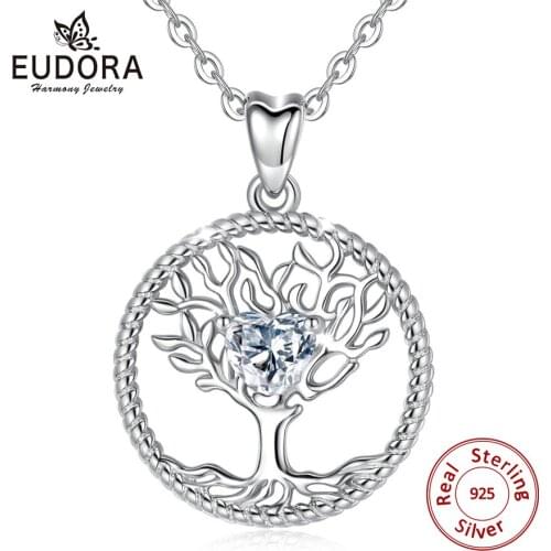 EUDORA Sterling Silver Tree of life Pendant Necklace silver Nature Tree Charm Necklaces with Crystal CZ for Birthday Gift D447