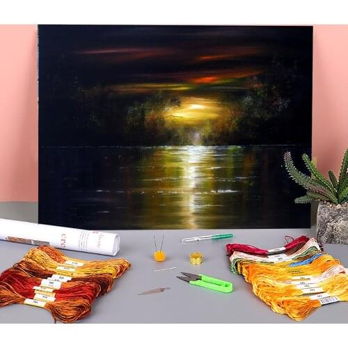 Natural Scenery Moonlight Shadows Printed Canvas 11CT Cross Stitch DIY Embroidery Full Kit DMC Threads Knitting Adults