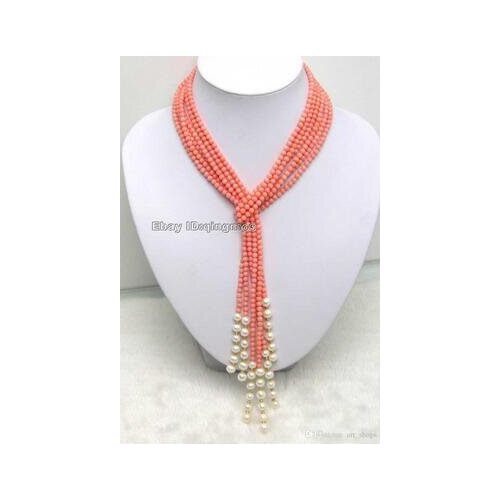 SALE Long 50" Natural 3 Strands Pink round Coral & White Pearl Necklace-nec